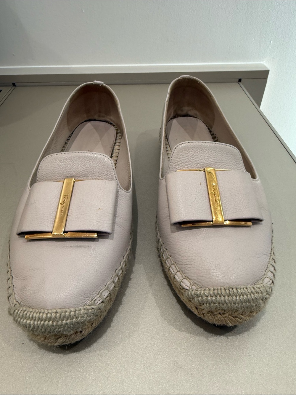 Salvatore Ferragamo Cream Leather Espadrille Loafers with Gold Buckle